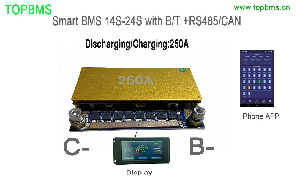 TOPBMS: Smart BMS 14S-24S discharge/charge 250A continuous / 750A peak with bluetooth /RS485/CANbus
